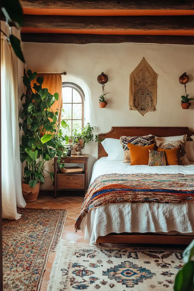 Rustic boho bedroom featuring vintage wooden furniture, lush indoor plants, layered rugs, and warm, earthy textiles for a cozy and inviting atmosphere.