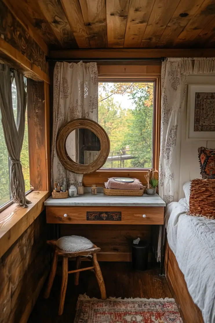 Rustic boho bedroom vanity corner with wood accents, cozy stool, and soft lighting, showcasing natural textures and vintage decor.