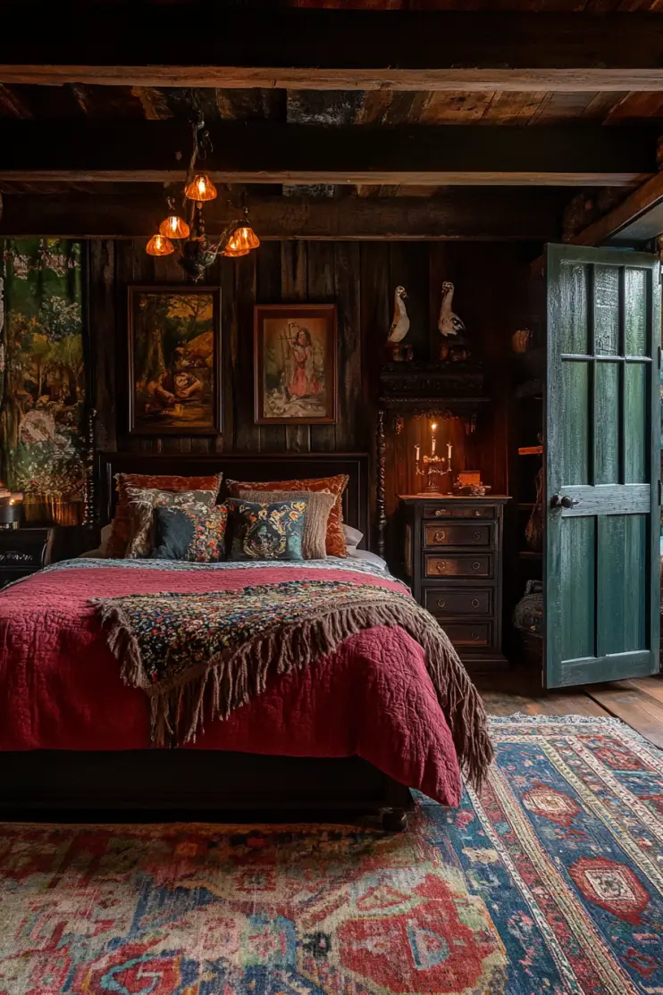 Rustic boho bedroom with dark wood furniture, red bedding, vintage artwork, layered rugs, and warm lighting for a cozy retreat