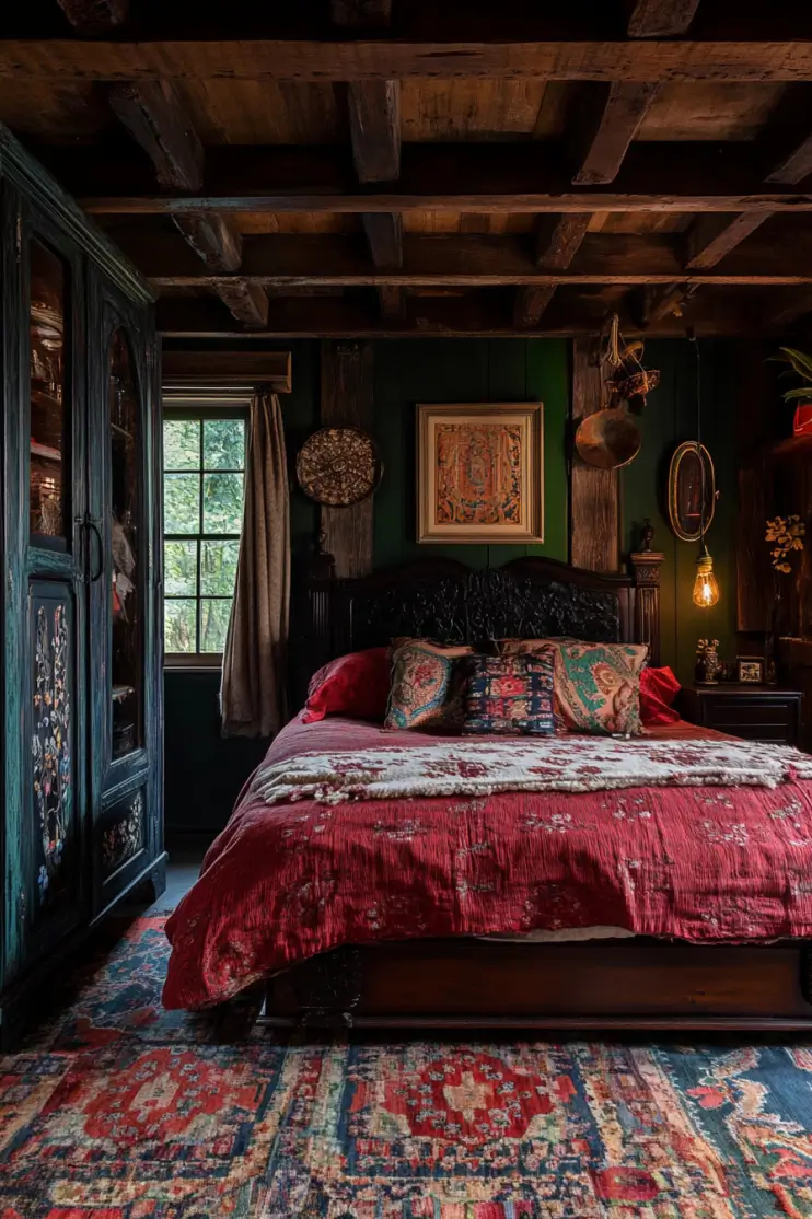 Rustic dark boho bedroom with vintage rug, rich red bedding, and warm wood tones.