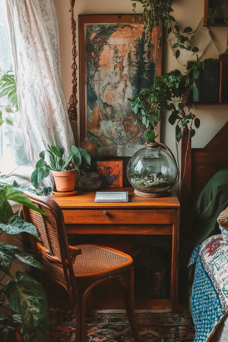 Small boho bedroom corner with a vintage wooden desk, earthy paint tones, lush plants, and cozy decor, creating a warm and inviting workspace.