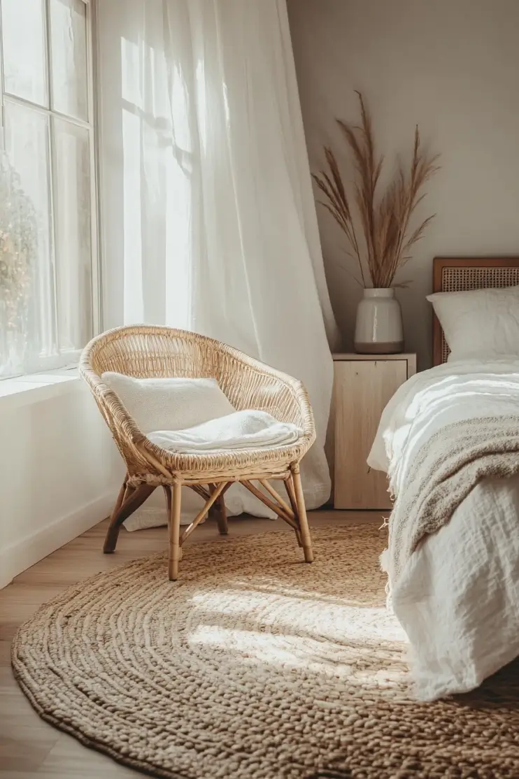 Rustic boho bedroom with dark wood furniture, red bedding, vintage artwork, layered rugs, and warm lighting for a cozy retreat