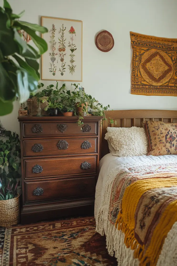 Warm and inviting boho bedroom with a vintage wooden dresser, cozy textiles, and vibrant green plants creating a peaceful rustic atmosphere.