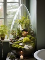 dark academia glass, dome terrarium, lush moss, ferns, elegant interior design