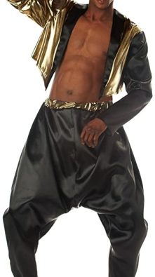 buy MC Hammer Pants black and gold worn by male model 90s rapper in fashion costume