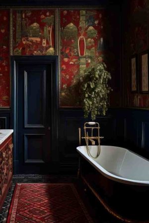 Dark Academia Interior Design of a Red Maximalist Bathroom with Vintage Tub and Ornate sink decor