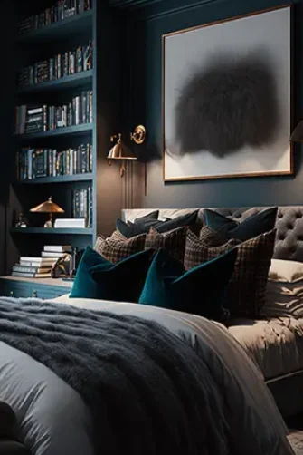 Modern Dark Academia Bedroom Design with Velvet Pillow, Gold Lamps, and Blue Green Color Aesthetic