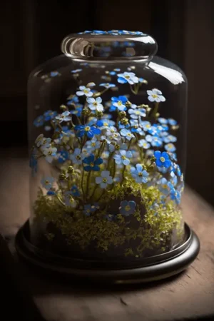 Terrarium Plants Forget Me Nots Myosotis Inside Glass Dome Terrarium On Wood Table