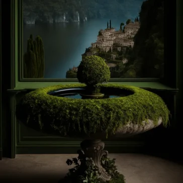 Tabletop Moss Garden Indoors with Lake in the Background