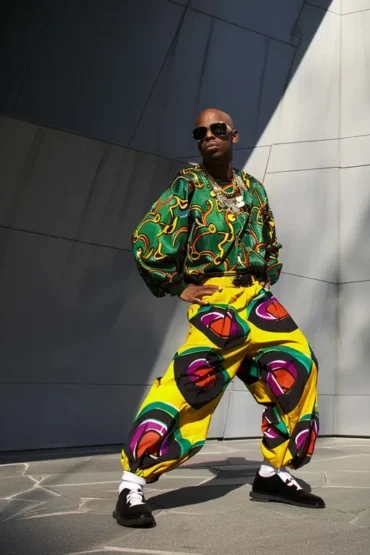 MC Hammer Pants in yellow with concentric circle pattern on black male model