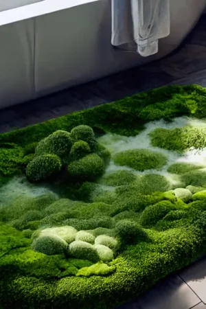 Live Moss Bath Mat In Bathroom Next to White Tub