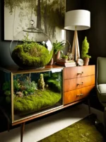 Plant terrarium with moss, succulents, and other plants inside of mid-century modern Scandinavian design furniture