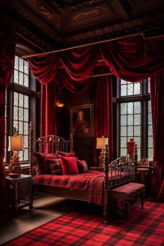 Gothic Dark Red Bedroom with Dark Academia Royalcore Castle Aesthetic, plaid rug, plaid bedding, canopy bed, and large gothic windows